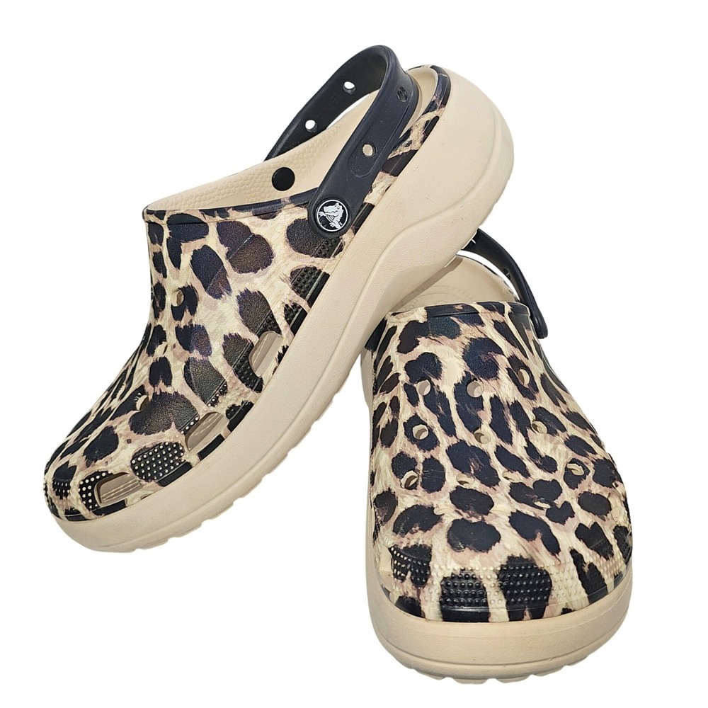 Crocs Classic Leopard Print Platform Clog Womens 10 Tan Black Animal Print Shoes
